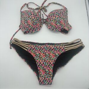 Victoria’s Secret Confetti Neon Bikini Set 36C Push-Up Top Gold Button Large